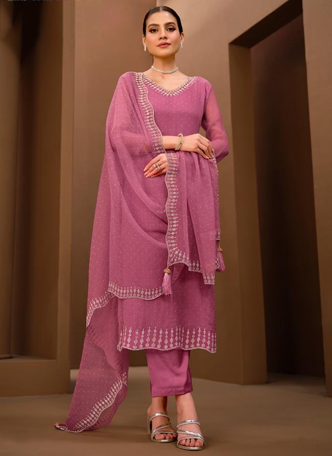 Organza Chiffon Pink Traditional Wear Swarovski Work Salwaar Suit